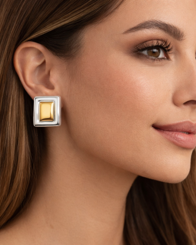 Brinco Geométrico Bicolor em Aço Inoxidável com Banho de Ouro 18k